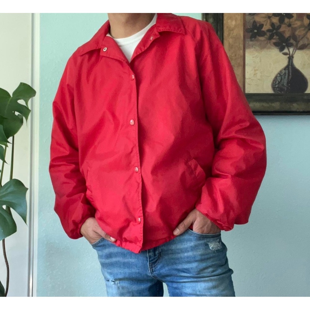 Sears Vintage Coach Jacket Red Nylon Snap‎ Front Lightweight Mens Size XL